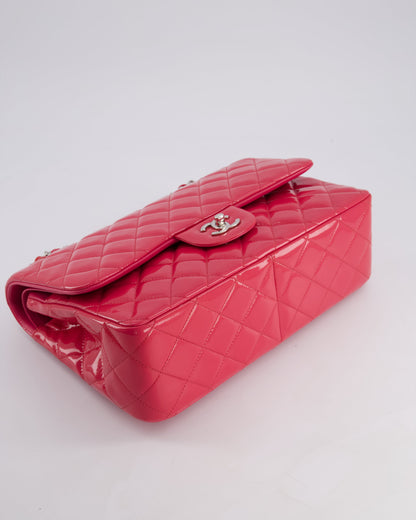 *HOT & FIRE PRICE* Chanel Glossy Raspberry Pink Jumbo Classic Double Flap Bag in Patent Leather with Silver Hardware RRP £9,540