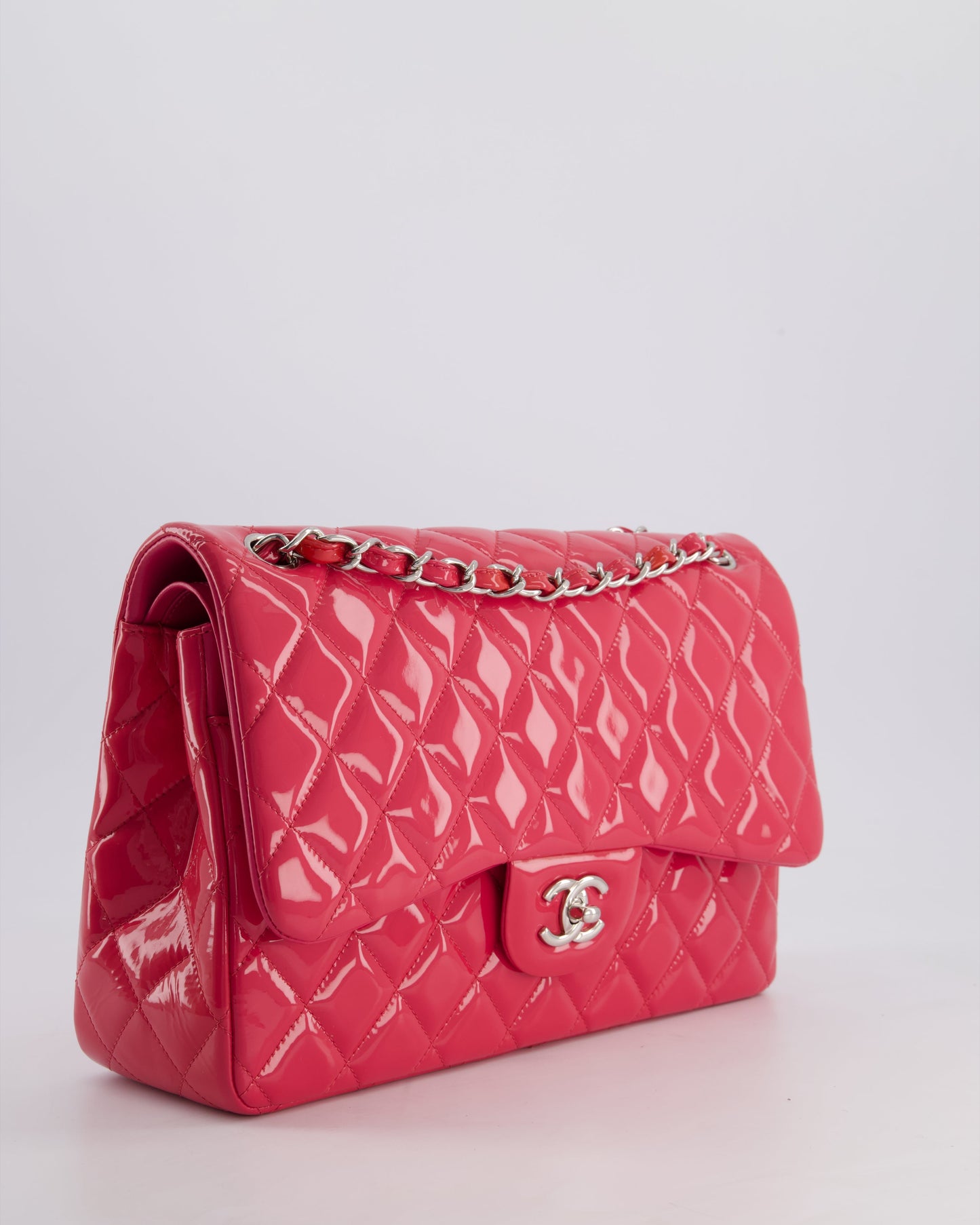 *HOT & FIRE PRICE* Chanel Glossy Raspberry Pink Jumbo Classic Double Flap Bag in Patent Leather with Silver Hardware RRP £9,540