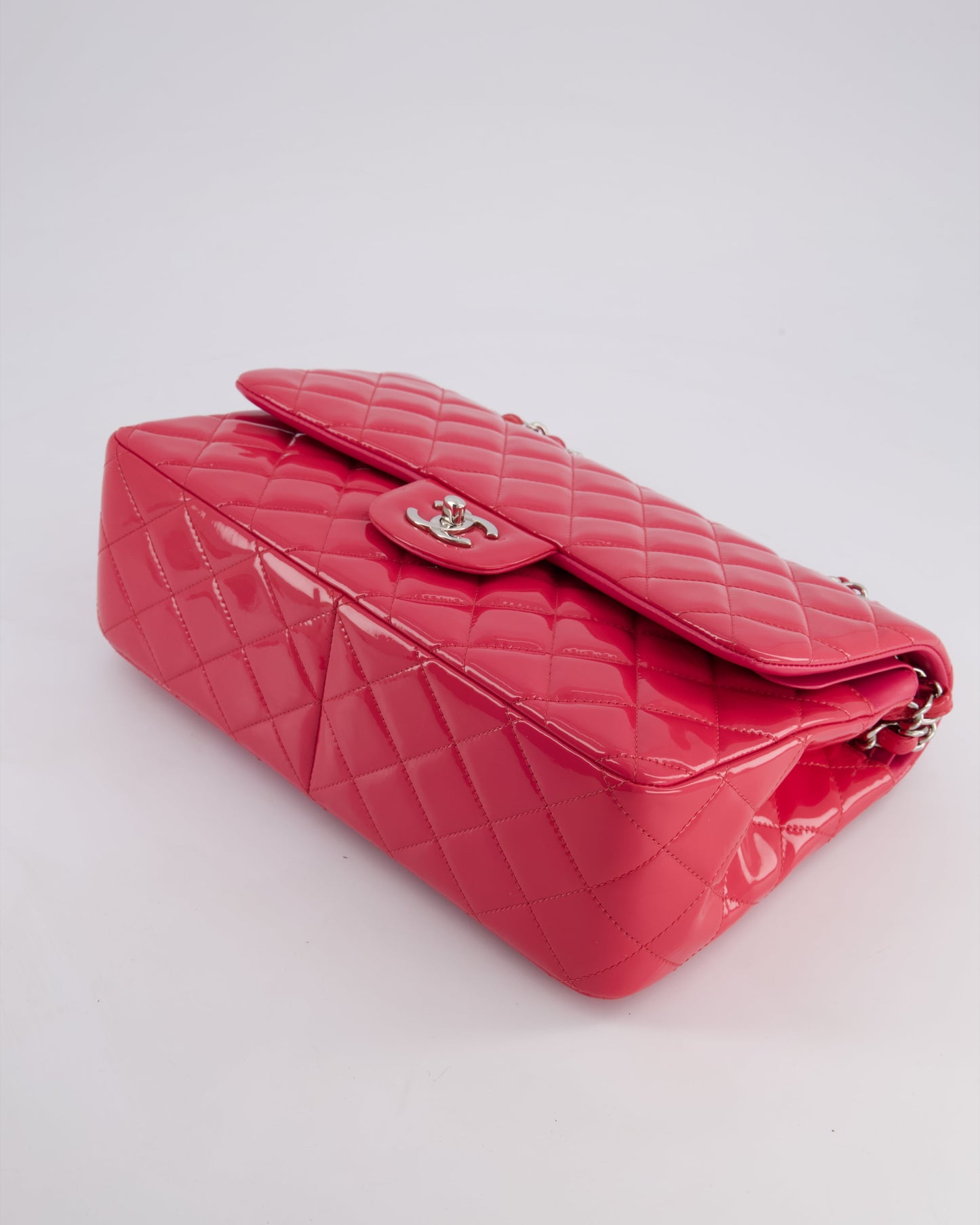 *HOT & FIRE PRICE* Chanel Glossy Raspberry Pink Jumbo Classic Double Flap Bag in Patent Leather with Silver Hardware RRP £9,540