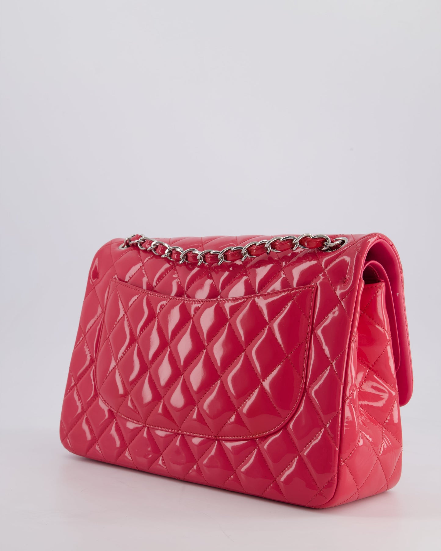 *HOT & FIRE PRICE* Chanel Glossy Raspberry Pink Jumbo Classic Double Flap Bag in Patent Leather with Silver Hardware RRP £9,540