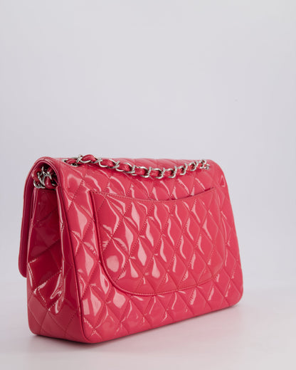 *HOT & FIRE PRICE* Chanel Glossy Raspberry Pink Jumbo Classic Double Flap Bag in Patent Leather with Silver Hardware RRP £9,540