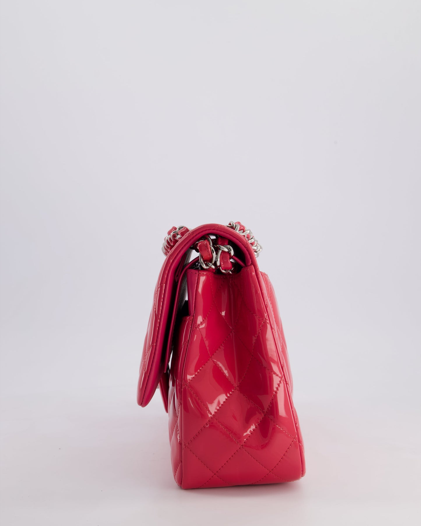 *HOT & FIRE PRICE* Chanel Glossy Raspberry Pink Jumbo Classic Double Flap Bag in Patent Leather with Silver Hardware RRP £9,540