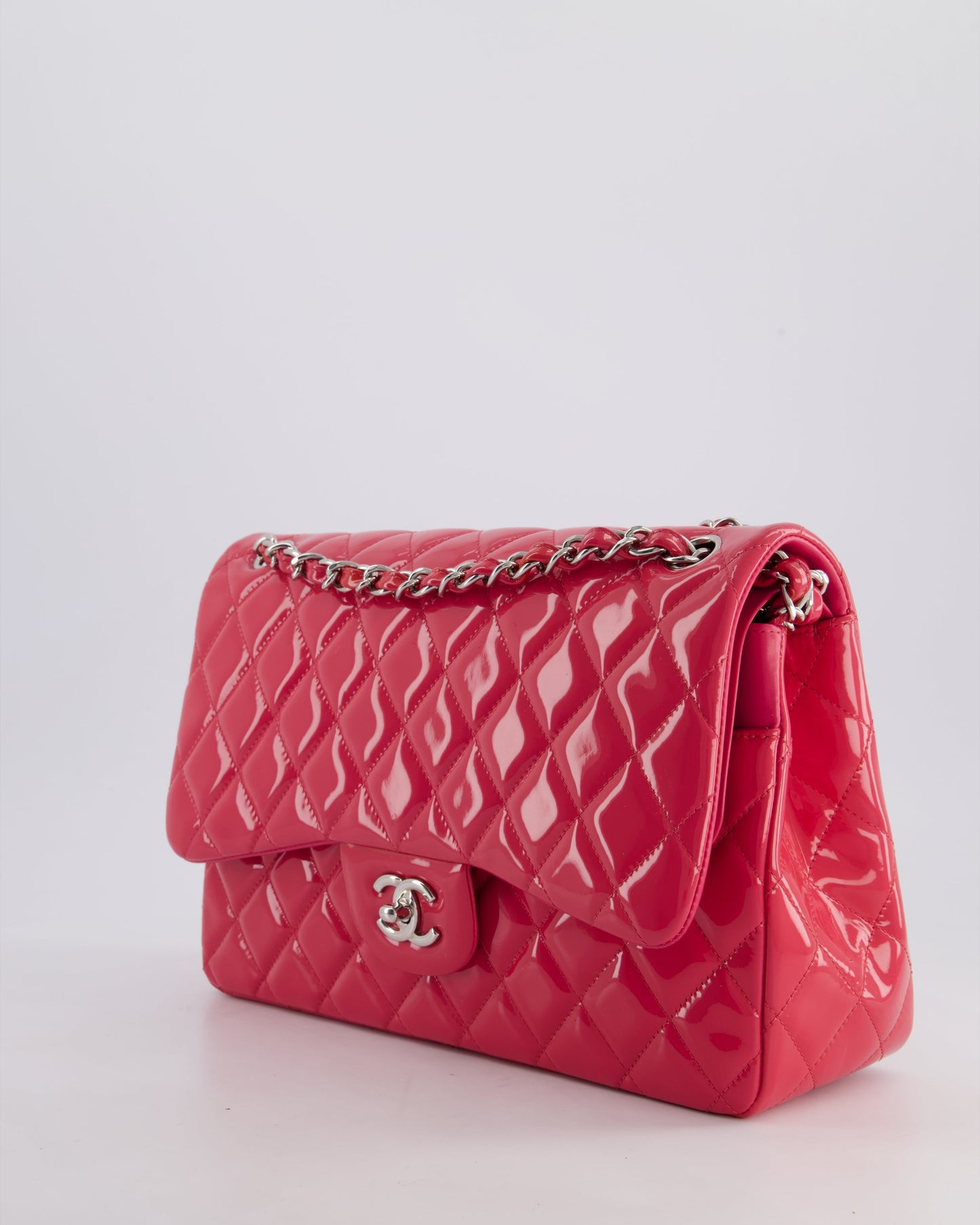 *HOT & FIRE PRICE* Chanel Glossy Raspberry Pink Jumbo Classic Double Flap Bag in Patent Leather with Silver Hardware RRP £9,540