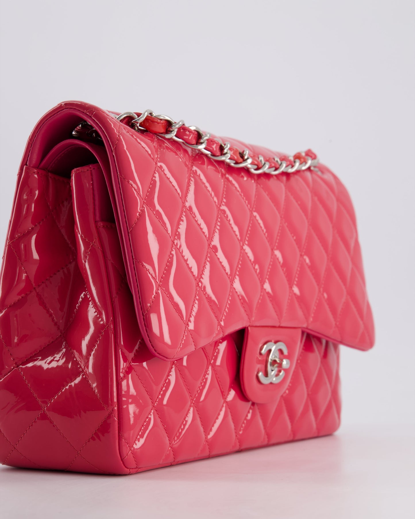 *HOT & FIRE PRICE* Chanel Glossy Raspberry Pink Jumbo Classic Double Flap Bag in Patent Leather with Silver Hardware RRP £9,540