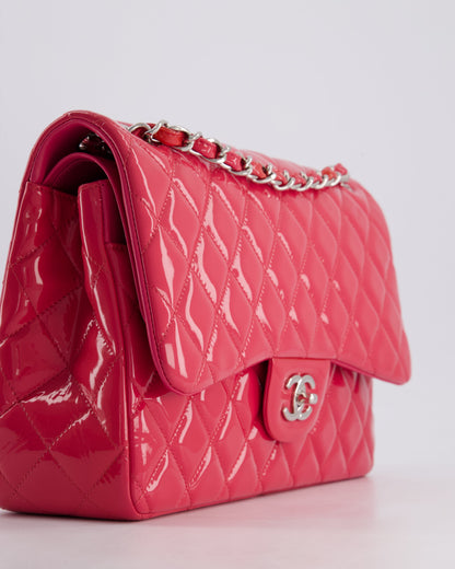 *HOT & FIRE PRICE* Chanel Glossy Raspberry Pink Jumbo Classic Double Flap Bag in Patent Leather with Silver Hardware RRP £9,540