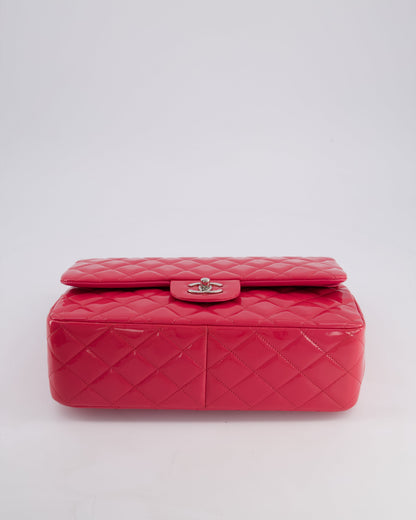 *HOT & FIRE PRICE* Chanel Glossy Raspberry Pink Jumbo Classic Double Flap Bag in Patent Leather with Silver Hardware RRP £9,540