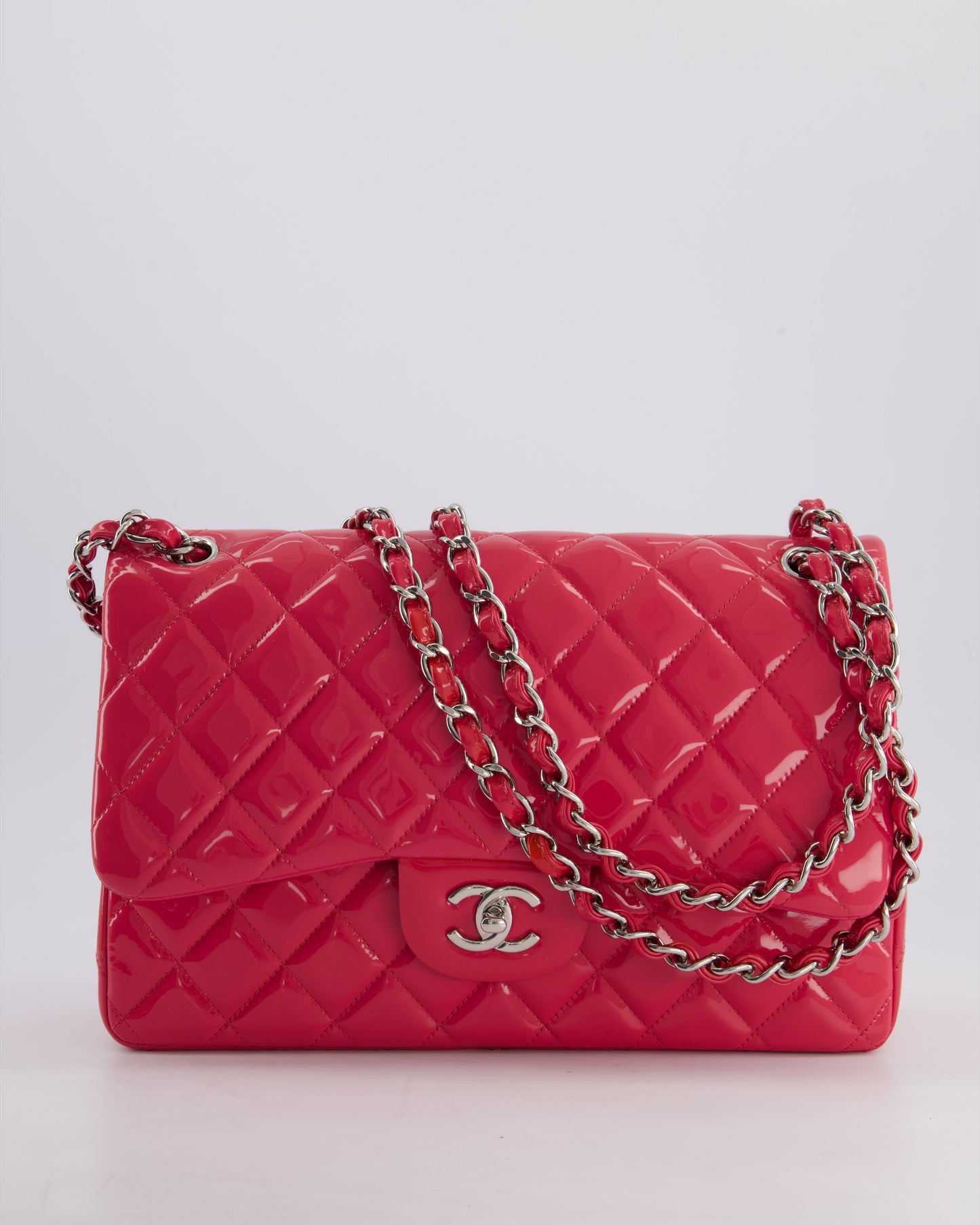 *HOT & FIRE PRICE* Chanel Glossy Raspberry Pink Jumbo Classic Double Flap Bag in Patent Leather with Silver Hardware RRP £9,540