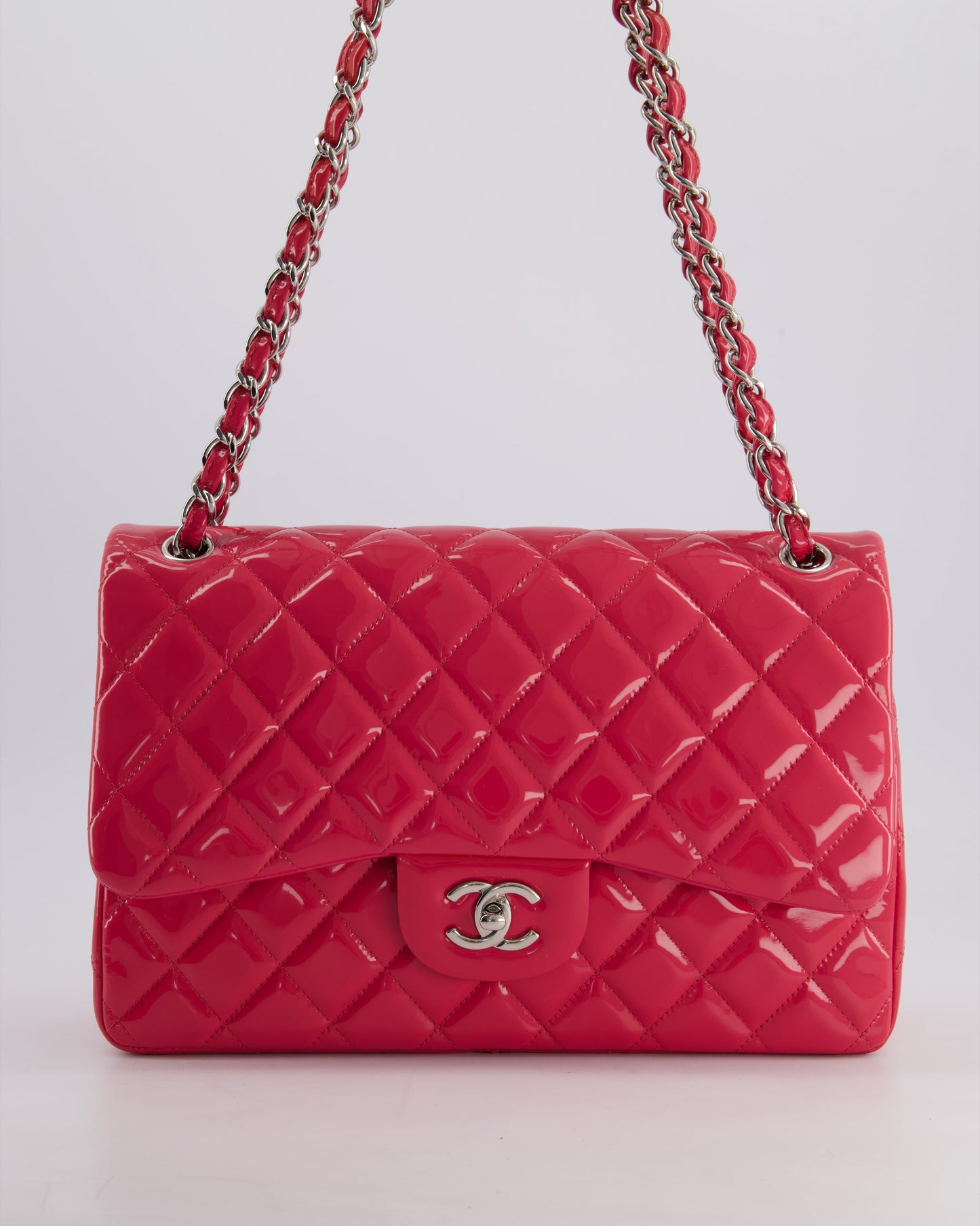 *HOT & FIRE PRICE* Chanel Glossy Raspberry Pink Jumbo Classic Double Flap Bag in Patent Leather with Silver Hardware RRP £9,540