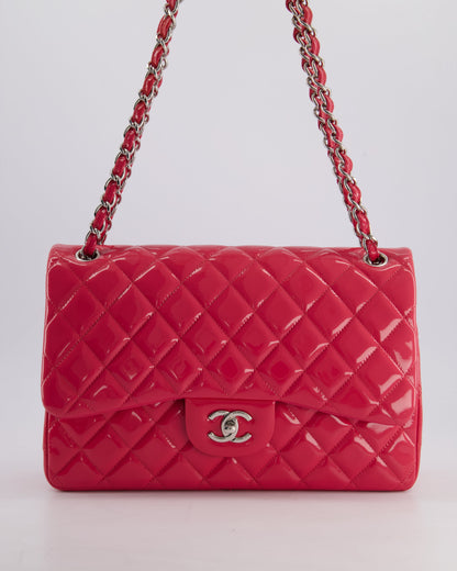 *HOT & FIRE PRICE* Chanel Glossy Raspberry Pink Jumbo Classic Double Flap Bag in Patent Leather with Silver Hardware RRP £9,540