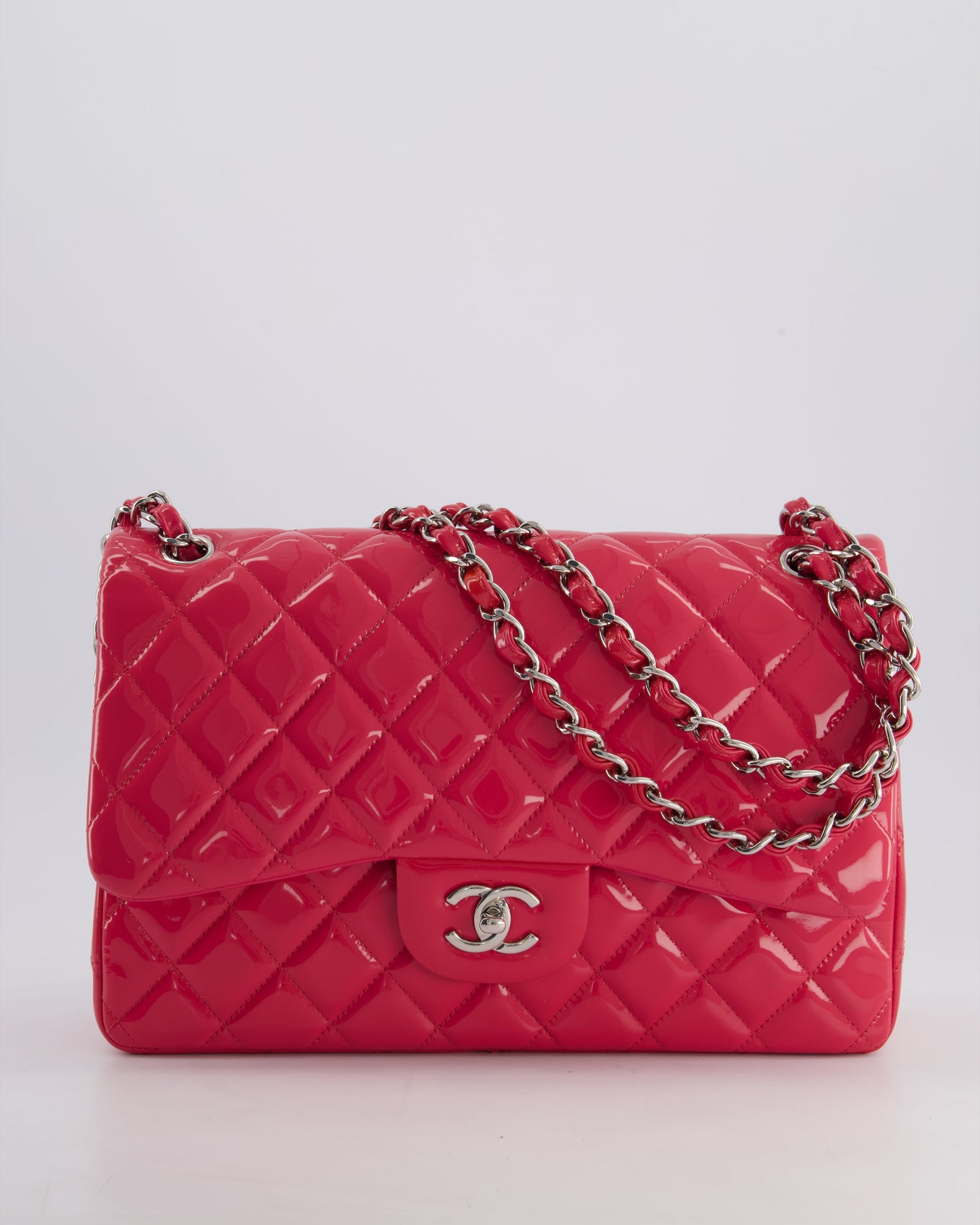 *HOT & FIRE PRICE* Chanel Glossy Raspberry Pink Jumbo Classic Double Flap Bag in Patent Leather with Silver Hardware RRP £9,540
