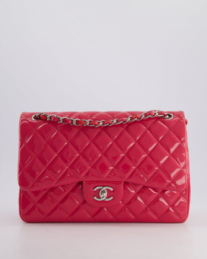 *HOT & FIRE PRICE* Chanel Glossy Raspberry Pink Jumbo Classic Double Flap Bag in Patent Leather with Silver Hardware RRP £9,540
