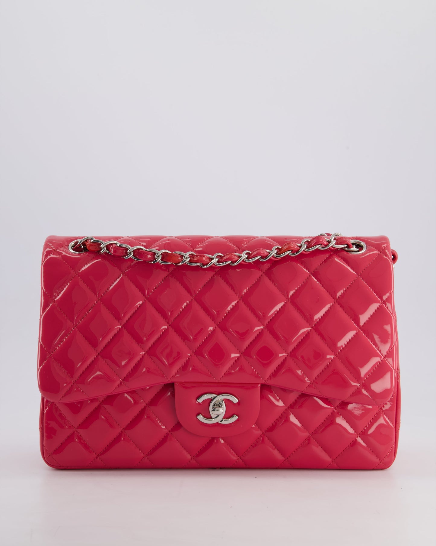 *HOT & FIRE PRICE* Chanel Glossy Raspberry Pink Jumbo Classic Double Flap Bag in Patent Leather with Silver Hardware RRP £9,540