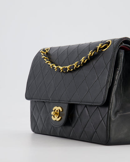 Chanel Vintage Black Classic Medium Stitched Edge Double Flap Bag in Lambskin Leather with 24K Gold Hardware