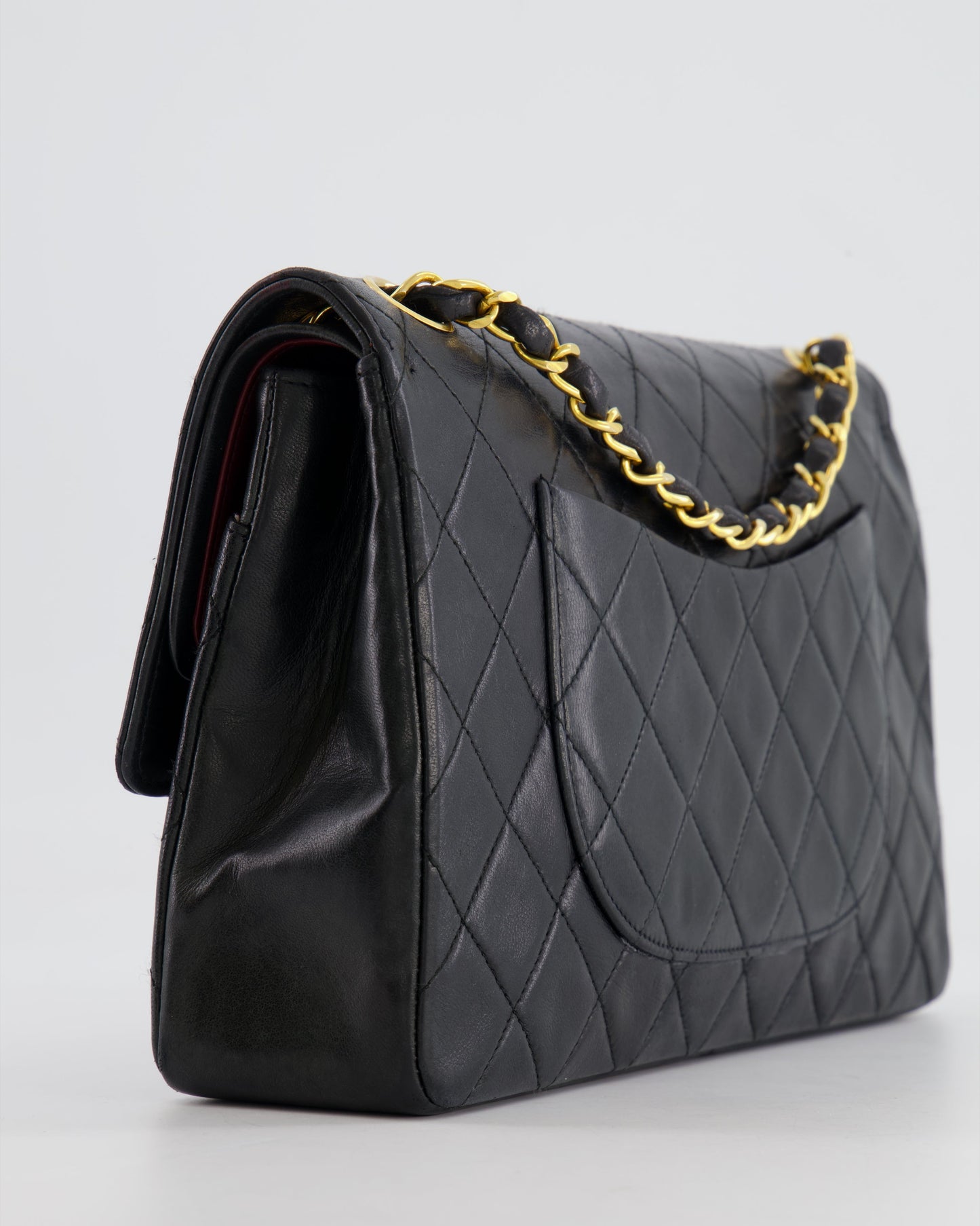 Chanel Vintage Black Classic Medium Stitched Edge Double Flap Bag in Lambskin Leather with 24K Gold Hardware