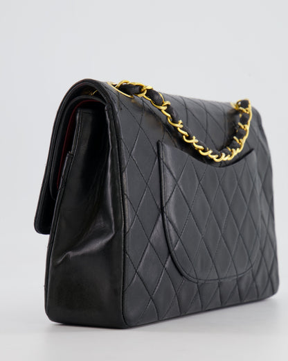 Chanel Vintage Black Classic Medium Stitched Edge Double Flap Bag in Lambskin Leather with 24K Gold Hardware