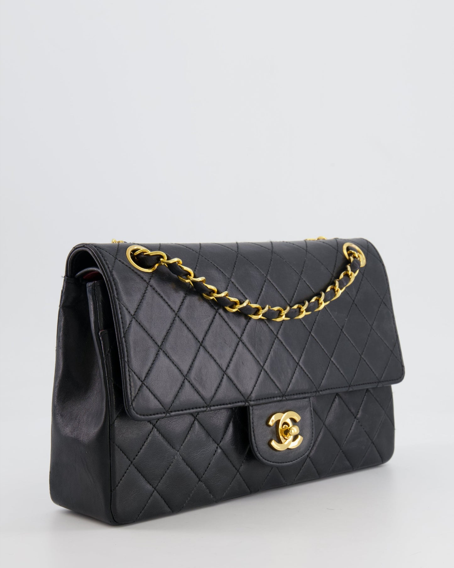 Chanel Vintage Black Classic Medium Stitched Edge Double Flap Bag in Lambskin Leather with 24K Gold Hardware