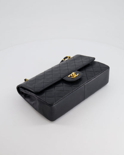 Chanel Vintage Black Classic Medium Stitched Edge Double Flap Bag in Lambskin Leather with 24K Gold Hardware