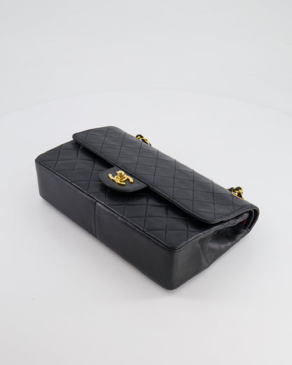 Chanel Vintage Black Classic Medium Stitched Edge Double Flap Bag in Lambskin Leather with 24K Gold Hardware