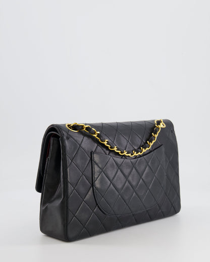 Chanel Vintage Black Classic Medium Stitched Edge Double Flap Bag in Lambskin Leather with 24K Gold Hardware