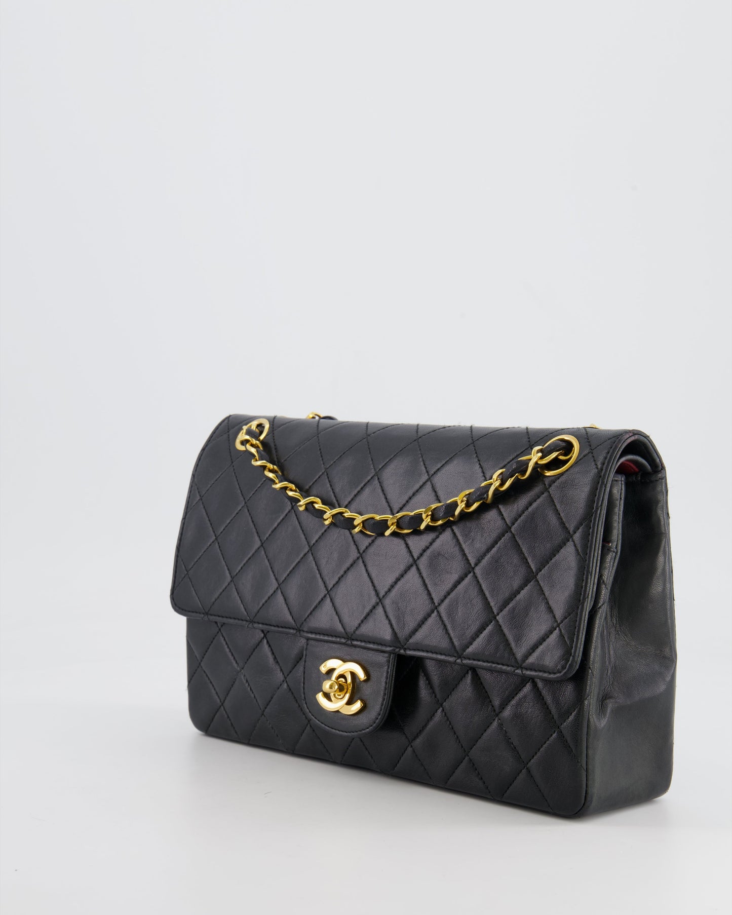 Chanel Vintage Black Classic Medium Stitched Edge Double Flap Bag in Lambskin Leather with 24K Gold Hardware