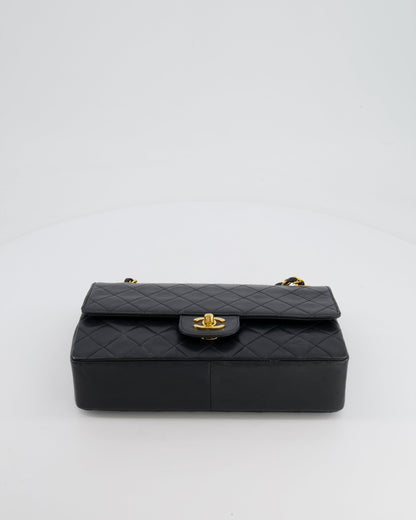 Chanel Vintage Black Classic Medium Stitched Edge Double Flap Bag in Lambskin Leather with 24K Gold Hardware
