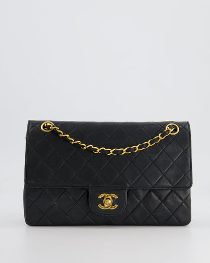 Chanel Vintage Black Classic Medium Stitched Edge Double Flap Bag in Lambskin Leather with 24K Gold Hardware