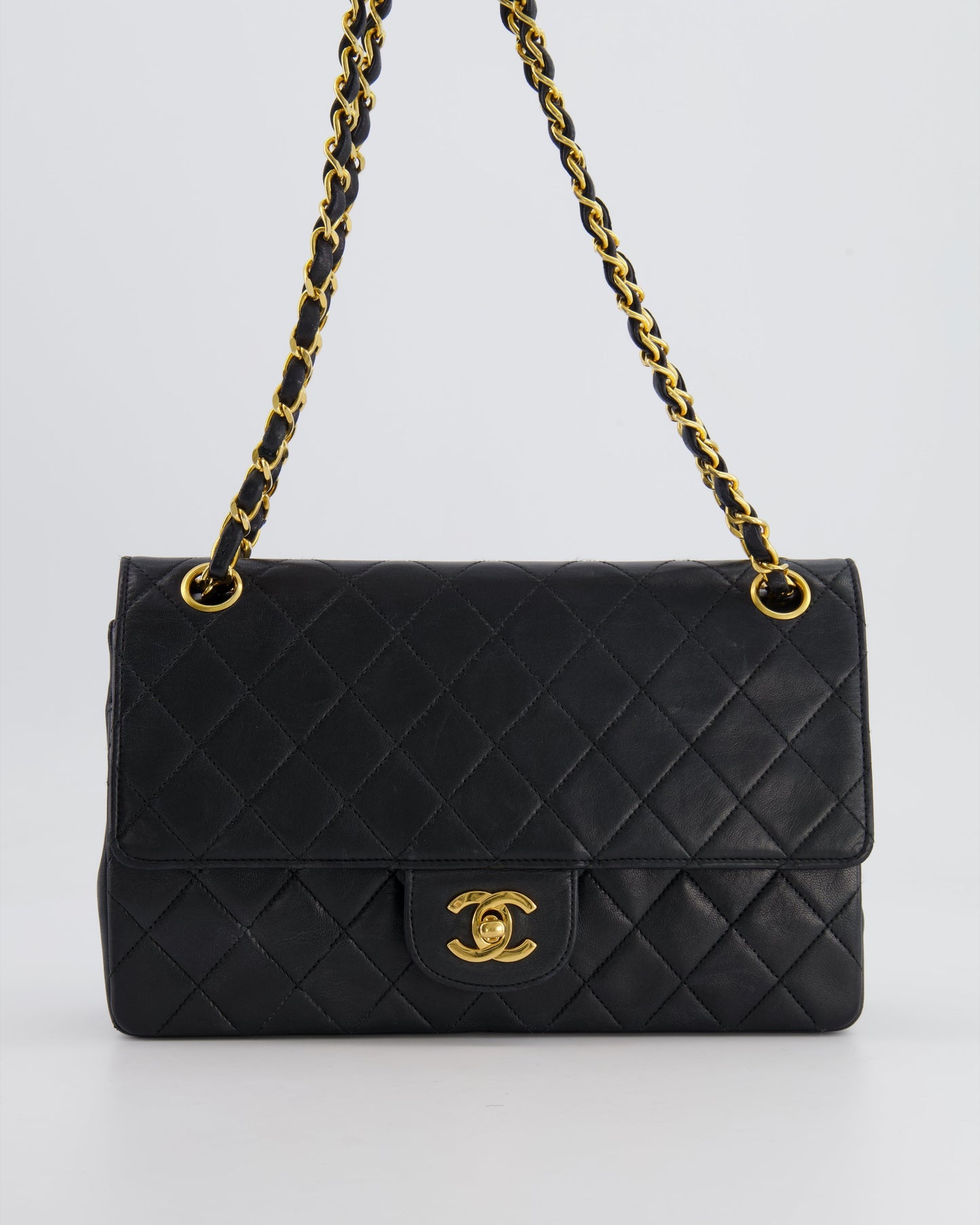 Chanel Vintage Black Classic Medium Stitched Edge Double Flap Bag in Lambskin Leather with 24K Gold Hardware