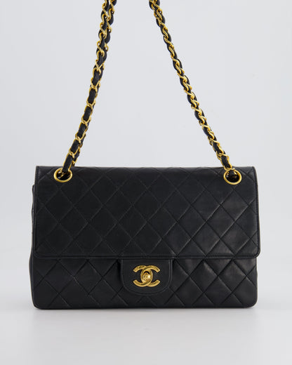 Chanel Vintage Black Classic Medium Stitched Edge Double Flap Bag in Lambskin Leather with 24K Gold Hardware