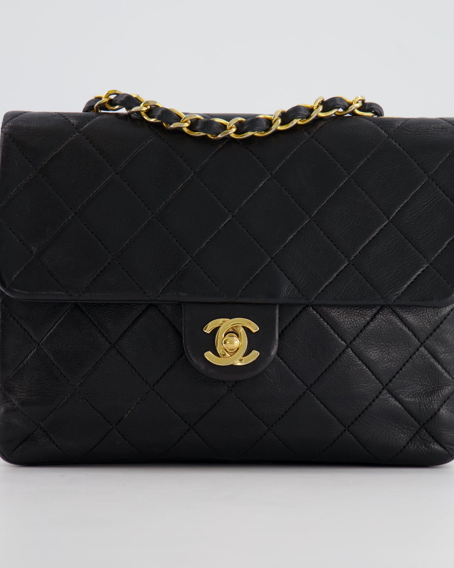 Chanel Vintage Black Small Square Single Flap Bag in Lambskin Leather with 24K Gold Hardware