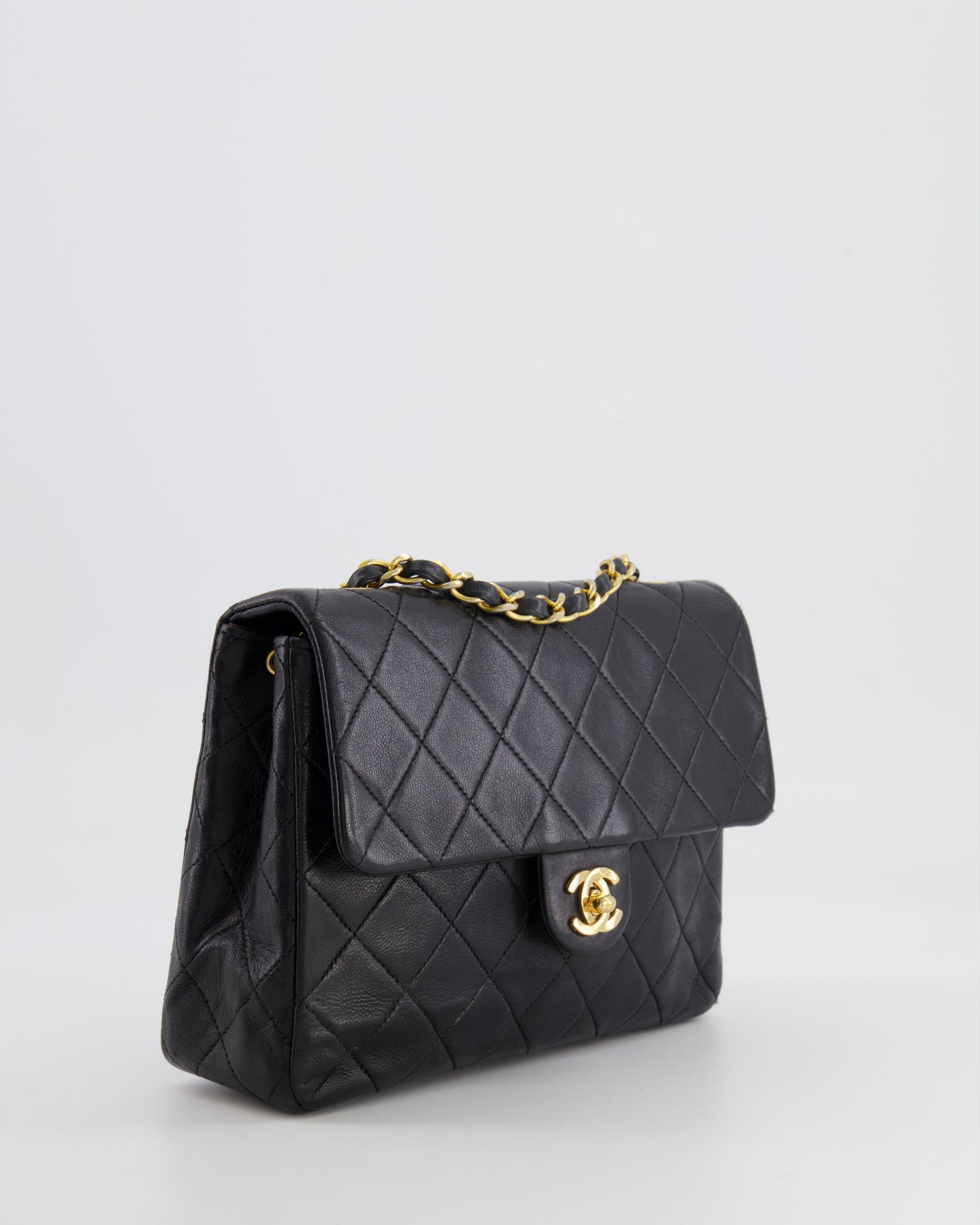 Chanel Vintage Black Small Square Single Flap Bag in Lambskin Leather with 24K Gold Hardware