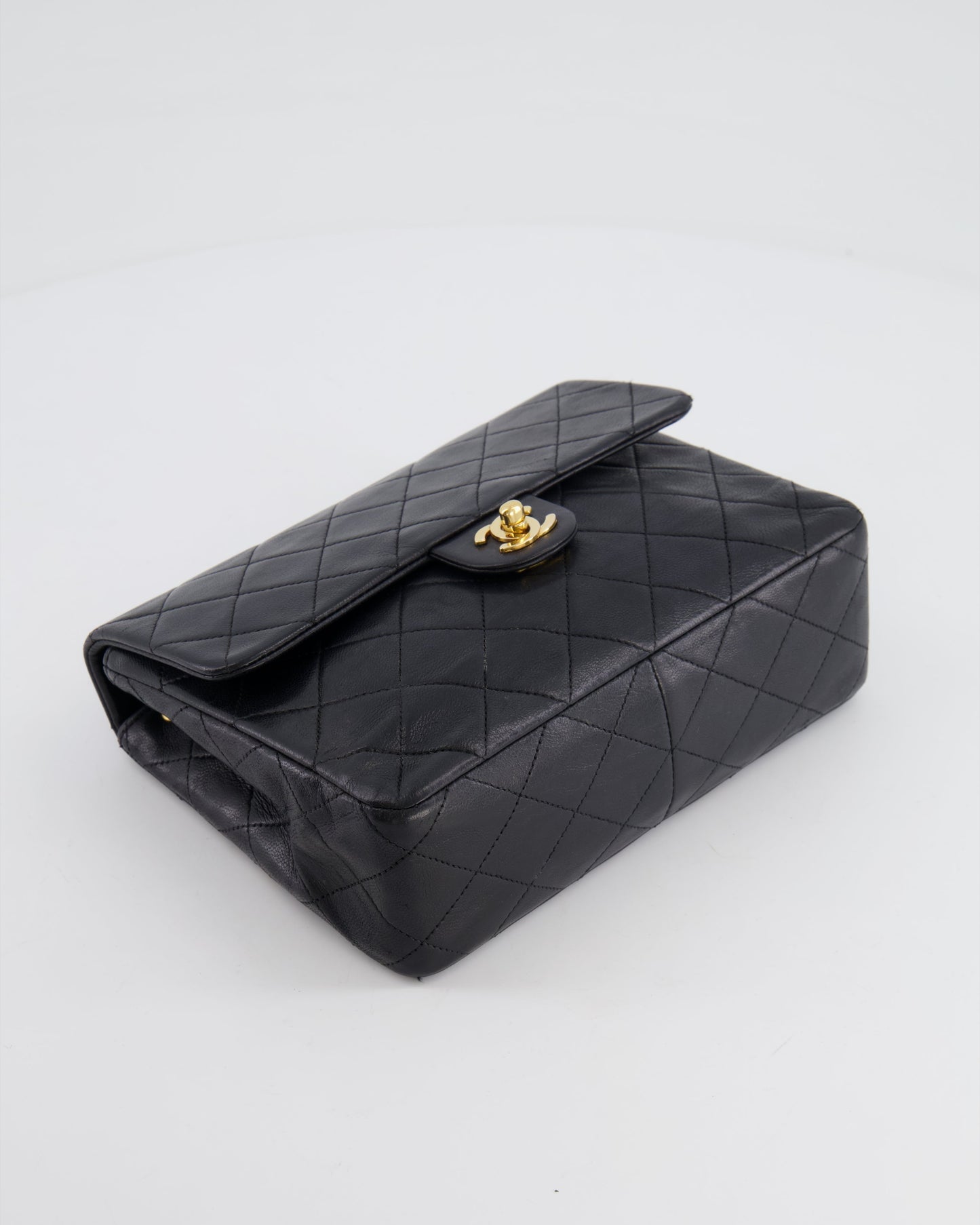 Chanel Vintage Black Small Square Single Flap Bag in Lambskin Leather with 24K Gold Hardware