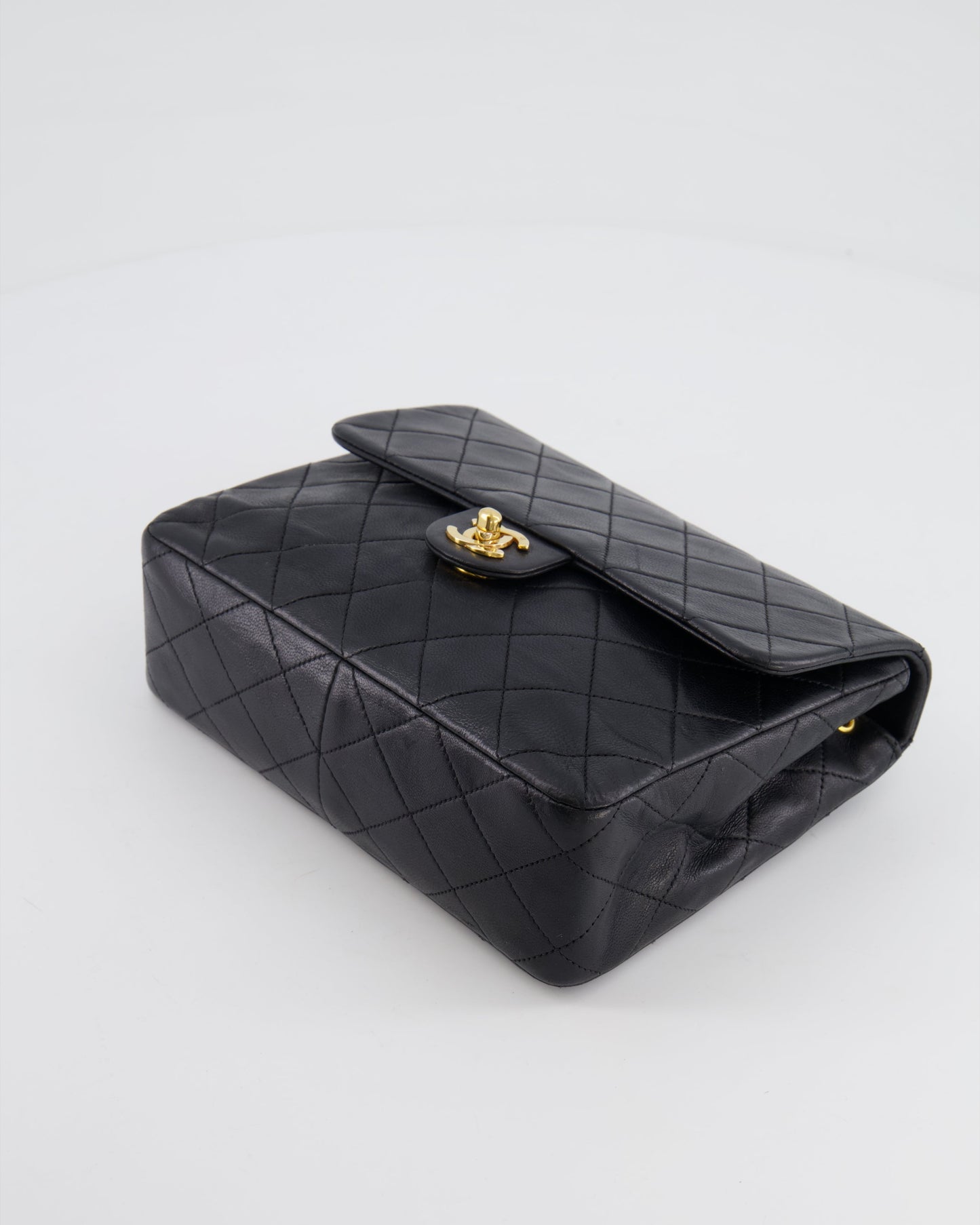 Chanel Vintage Black Small Square Single Flap Bag in Lambskin Leather with 24K Gold Hardware