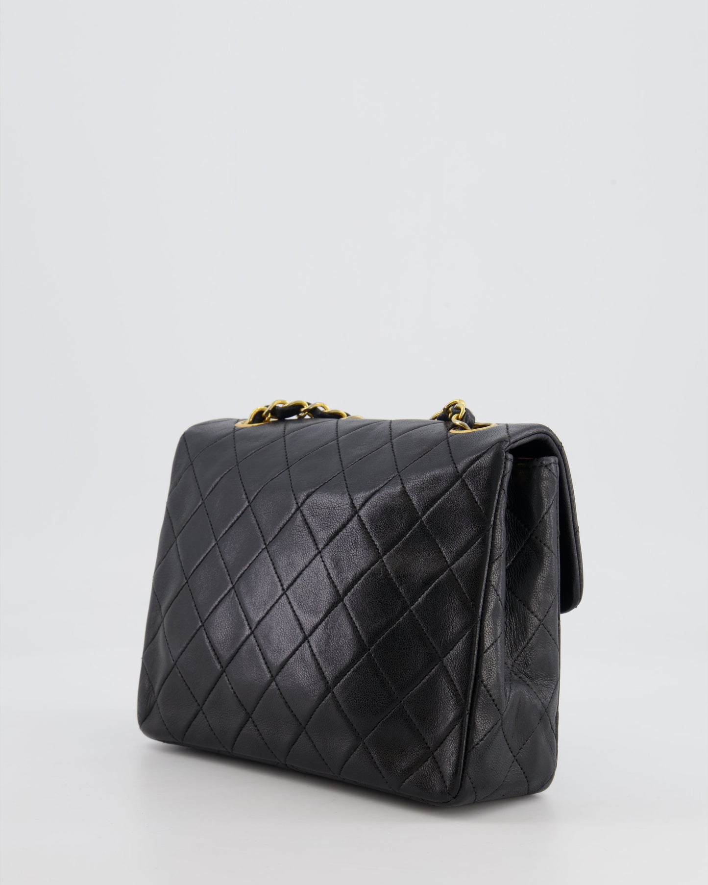 Chanel Vintage Black Small Square Single Flap Bag in Lambskin Leather with 24K Gold Hardware