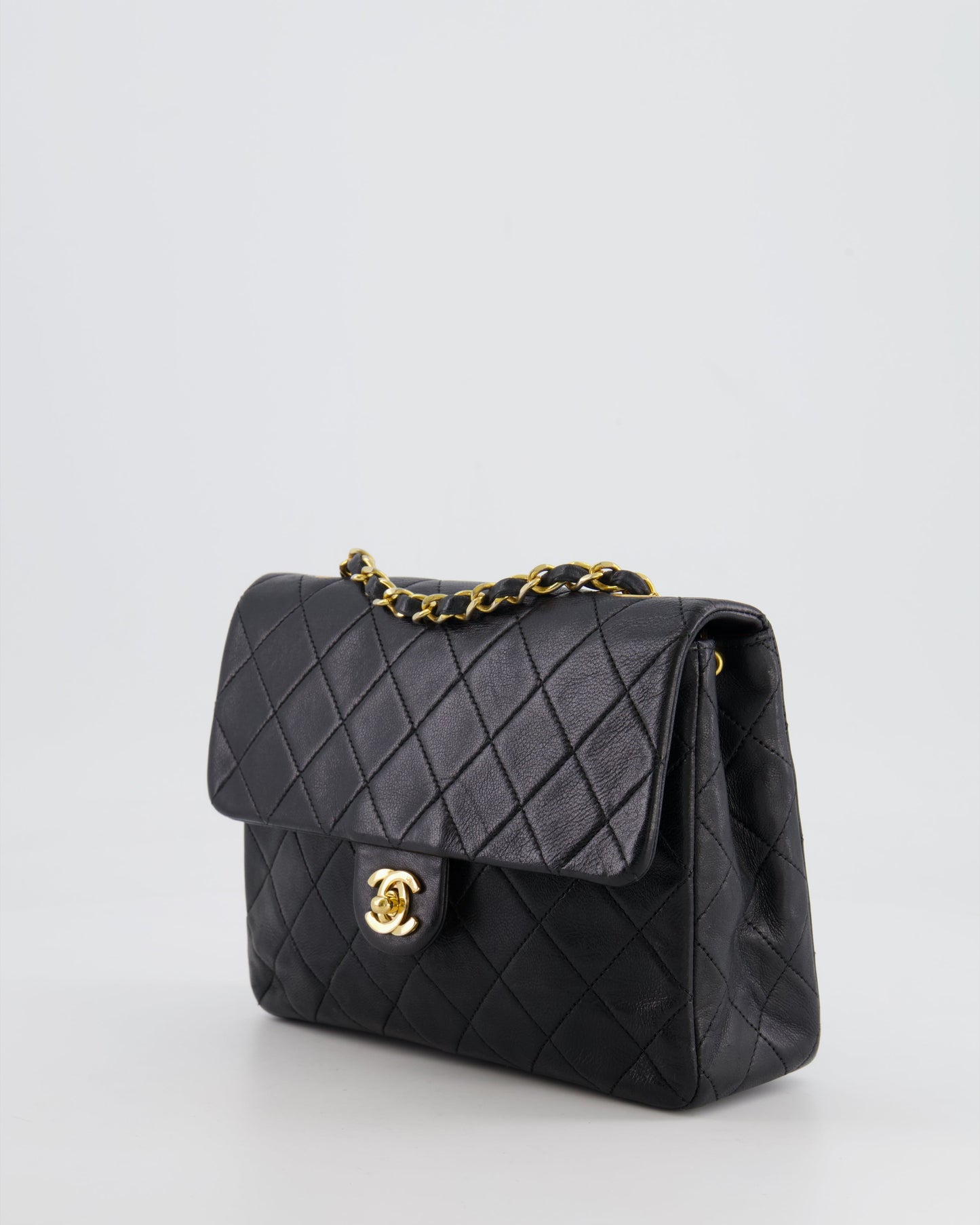 Chanel Vintage Black Small Square Single Flap Bag in Lambskin Leather with 24K Gold Hardware