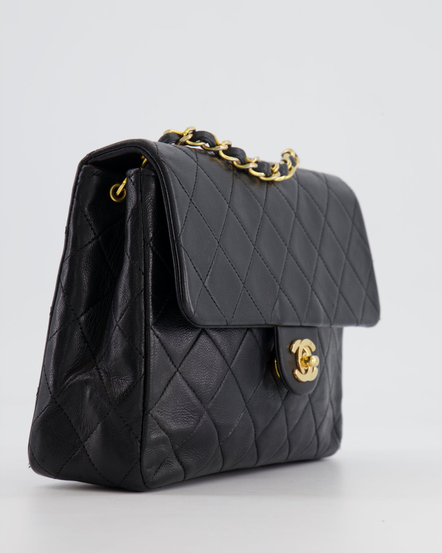 Chanel Vintage Black Small Square Single Flap Bag in Lambskin Leather with 24K Gold Hardware