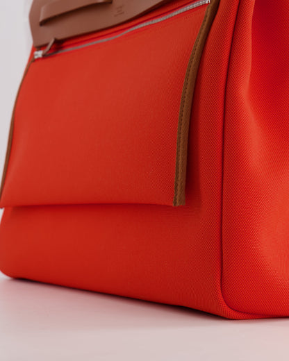 Hermès Herbag 39 in Orange Mecano Toile Canvas and Fauve Vache Hunter Leather with Palladium Hardware