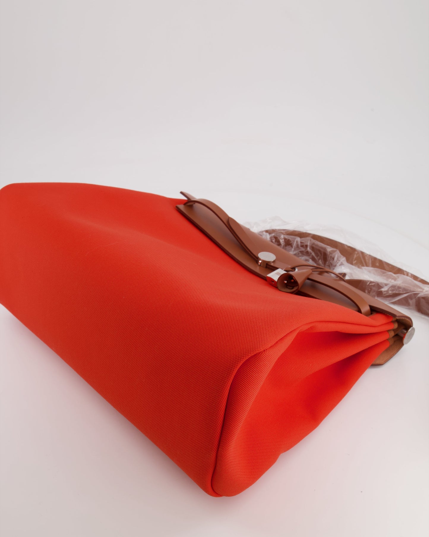 Hermès Herbag 39 in Orange Mecano Toile Canvas and Fauve Vache Hunter Leather with Palladium Hardware