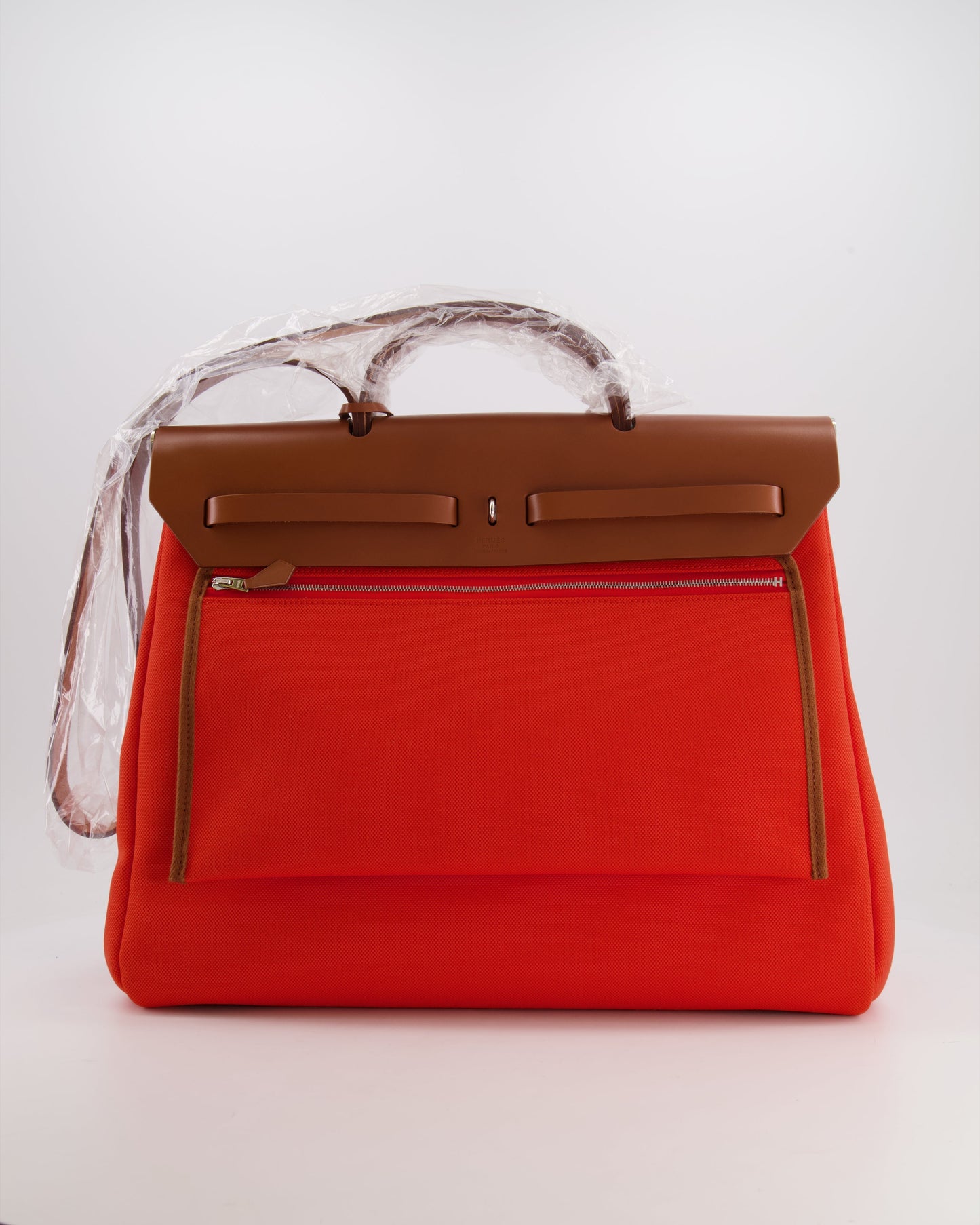 Hermès Herbag 39 in Orange Mecano Toile Canvas and Fauve Vache Hunter Leather with Palladium Hardware