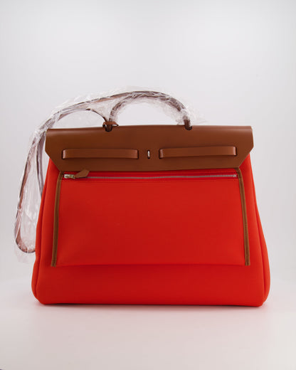 Hermès Herbag 39 in Orange Mecano Toile Canvas and Fauve Vache Hunter Leather with Palladium Hardware