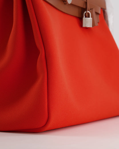 Hermès Herbag 39 in Orange Mecano Toile Canvas and Fauve Vache Hunter Leather with Palladium Hardware