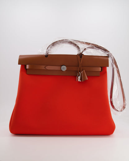Hermès Herbag 39 in Orange Mecano Toile Canvas and Fauve Vache Hunter Leather with Palladium Hardware