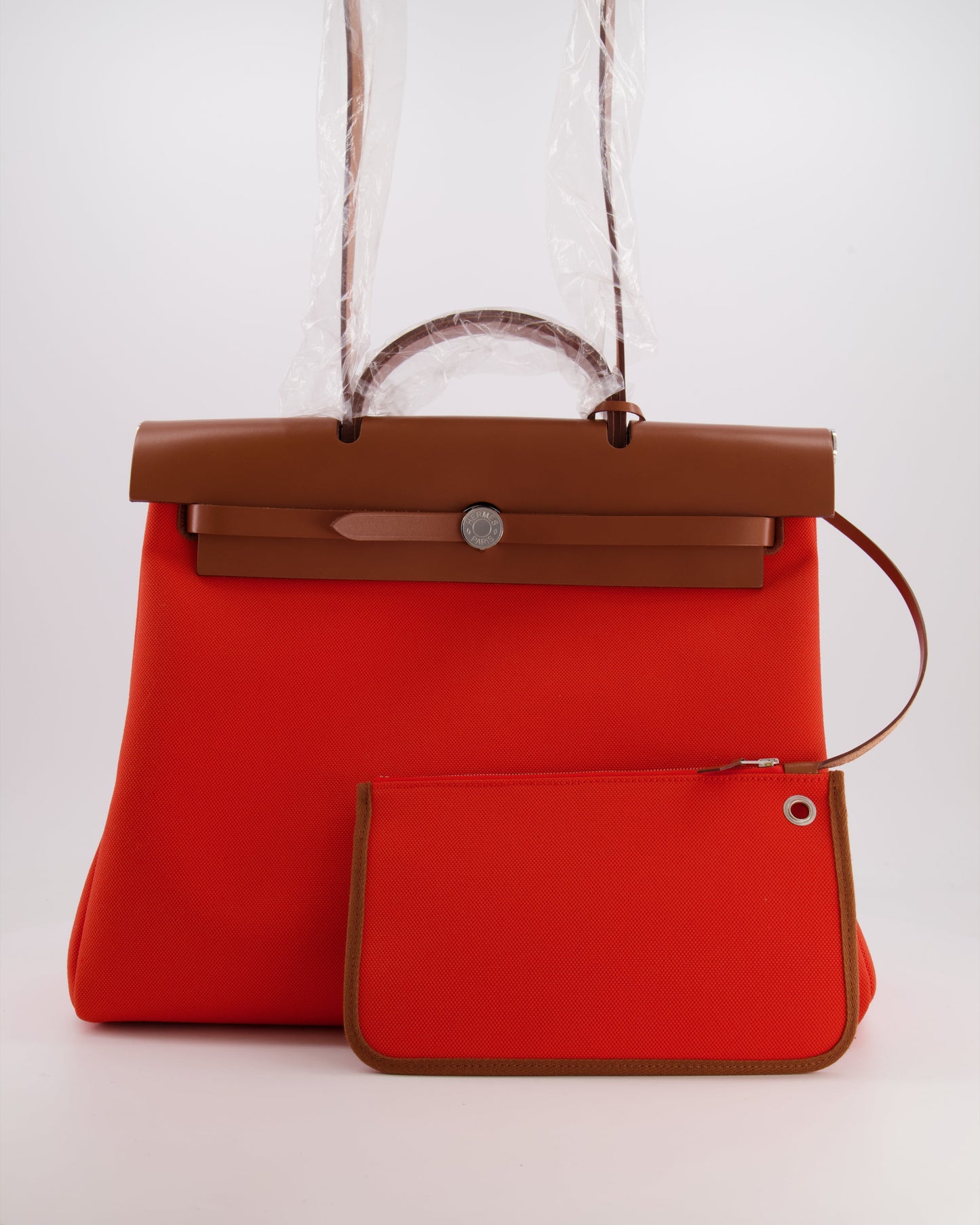 Hermès Herbag 39 in Orange Mecano Toile Canvas and Fauve Vache Hunter Leather with Palladium Hardware