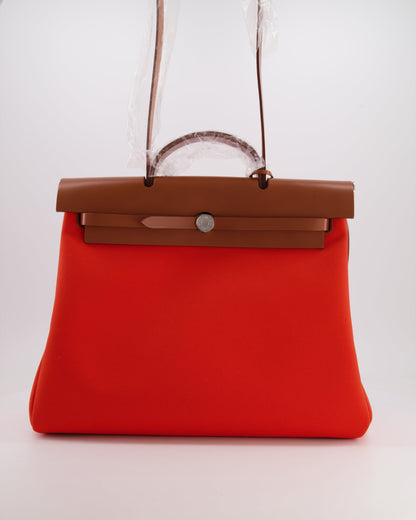 Hermès Herbag 39 in Orange Mecano Toile Canvas and Fauve Vache Hunter Leather with Palladium Hardware