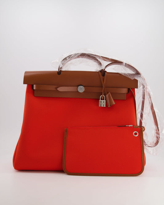 Hermès Herbag 39 in Orange Mecano Toile Canvas and Fauve Vache Hunter Leather with Palladium Hardware