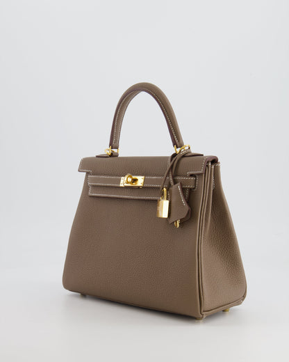 *RARE* Hermès Kelly 25cm Retourne Bag in Etoupe Togo Leather with Gold Hardware
