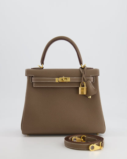 *RARE* Hermès Kelly 25cm Retourne Bag in Etoupe Togo Leather with Gold Hardware