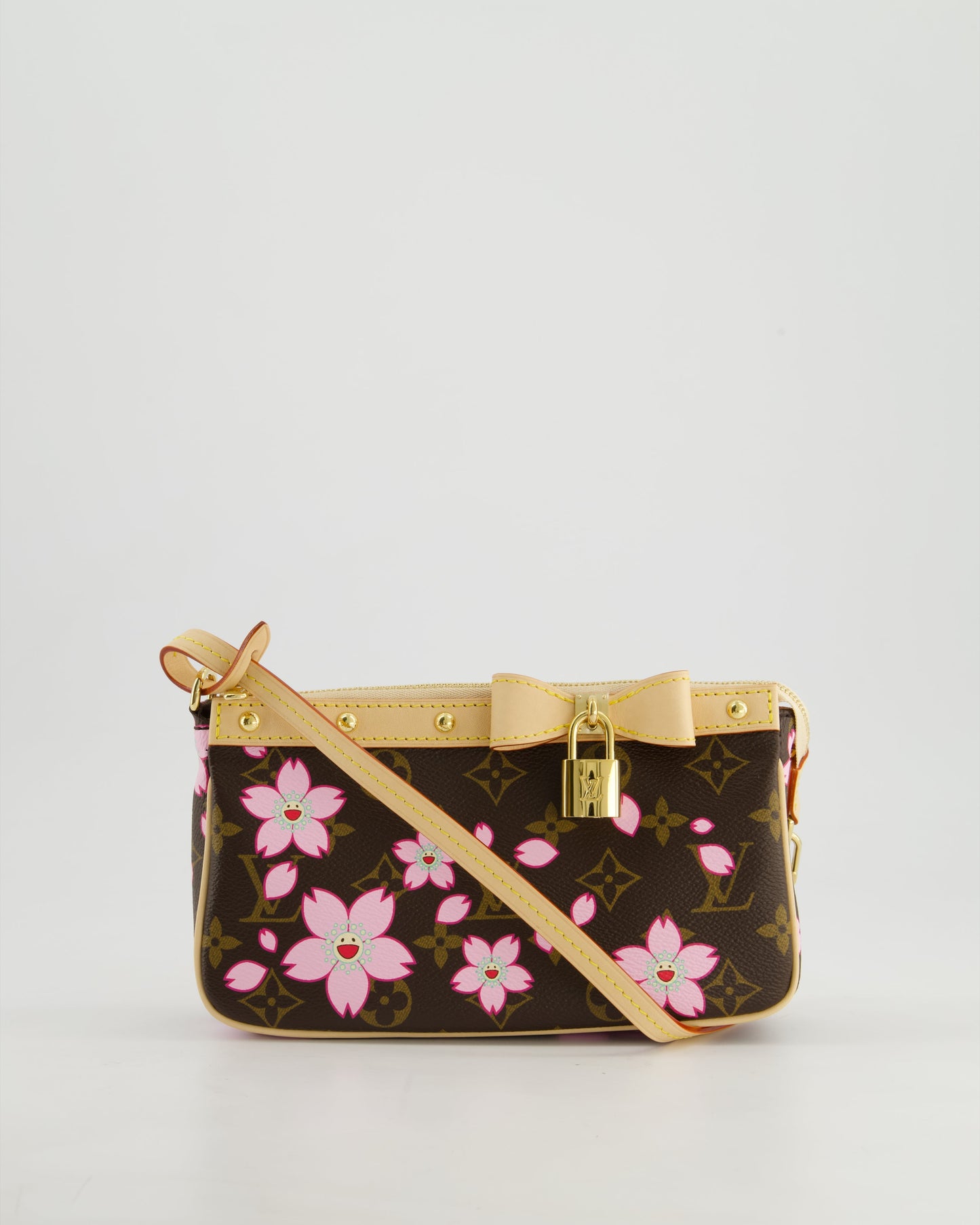 *NEW* Louis Vuitton X Takashi Murakami Brown Pochette Accessories Bag with Cherry Blossom Motifs in Coated Canvas & Calfskin Leather with Gold Hardware