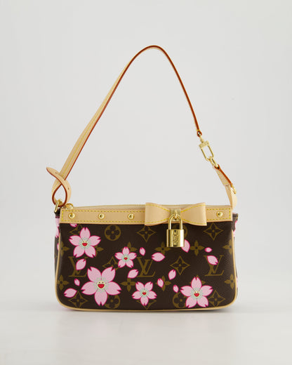 *NEW* Louis Vuitton X Takashi Murakami Brown Pochette Accessories Bag with Cherry Blossom Motifs in Coated Canvas & Calfskin Leather with Gold Hardware