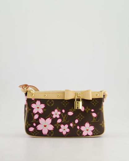 *NEW* Louis Vuitton X Takashi Murakami Brown Pochette Accessories Bag with Cherry Blossom Motifs in Coated Canvas & Calfskin Leather with Gold Hardware