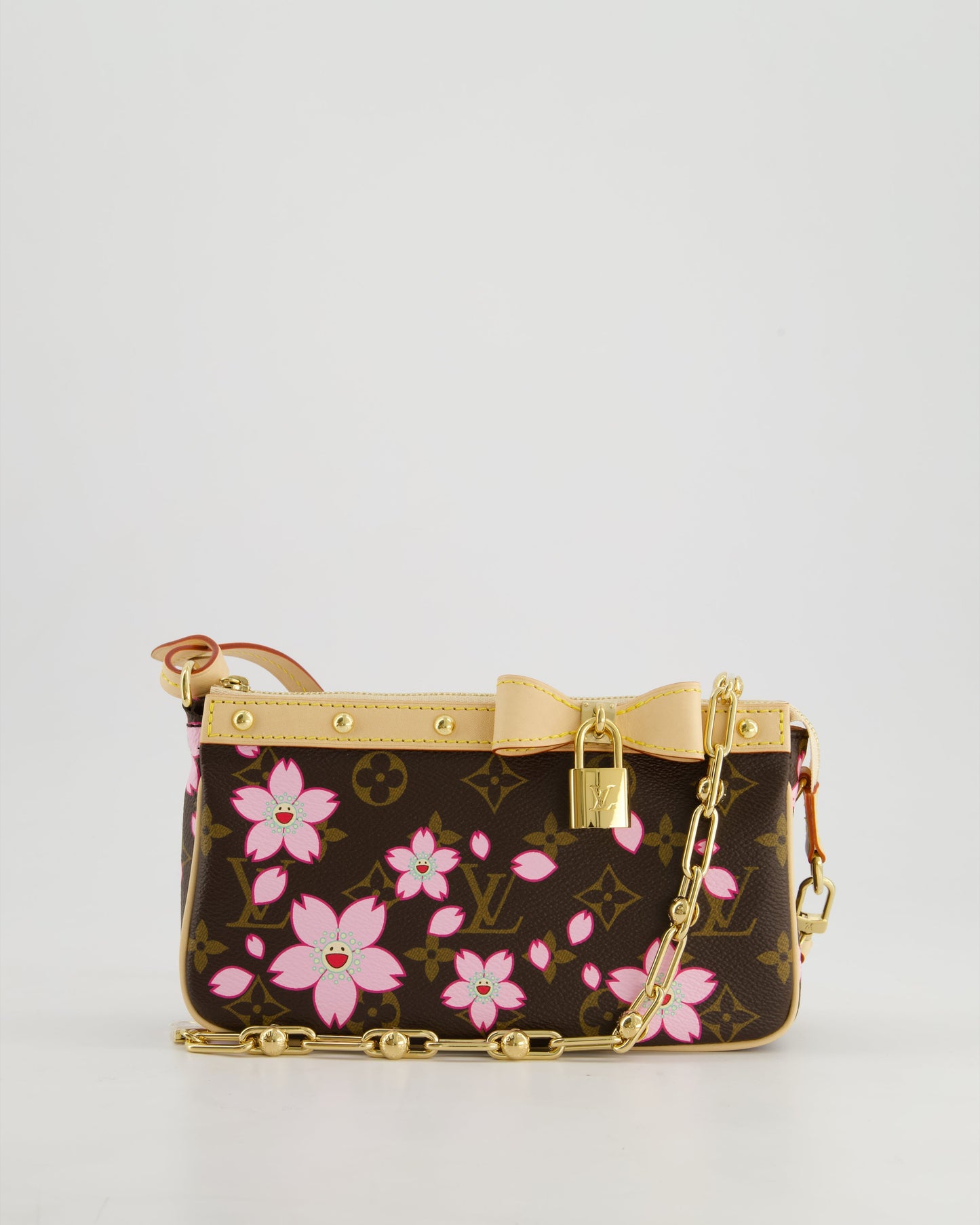 *NEW* Louis Vuitton X Takashi Murakami Brown Pochette Accessories Bag with Cherry Blossom Motifs in Coated Canvas & Calfskin Leather with Gold Hardware